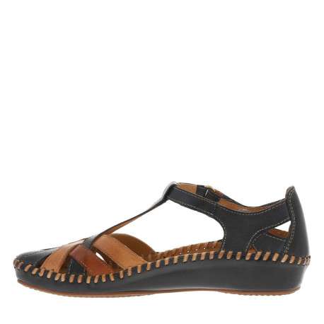 Sandales en cuir de vachette bleu marine avec un talon compensé bas