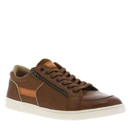 Baskets basses tennis en cuir cognac avec lacets plats et zip sur l'extérieur - Image 3
