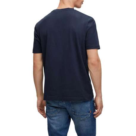 T-shirt en coton marine uni coupe droite avec un col rond et surpiqûres - Image 2