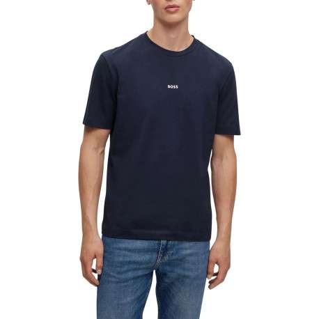 T-shirt en coton marine uni coupe droite avec un col rond et surpiqûres - Image 3