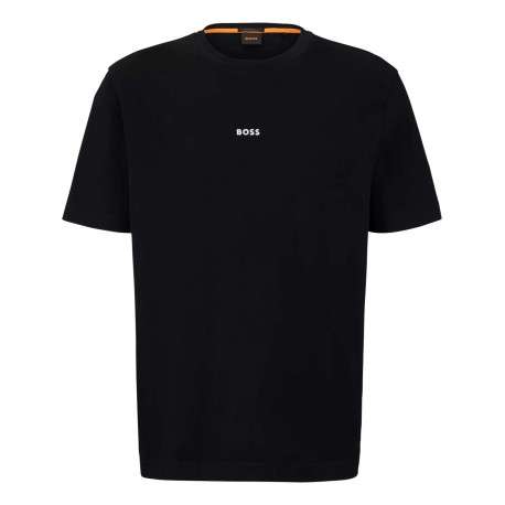 T-shirt en coton noir uni coupe droite avec un col rond et liseré orange