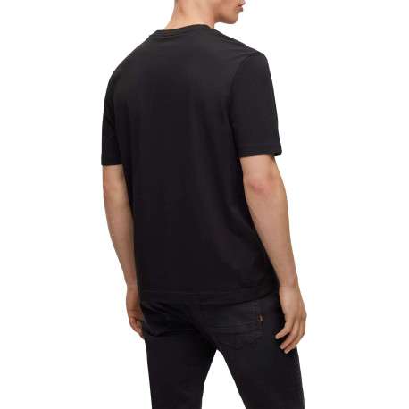 T-shirt en coton noir uni coupe droite avec un col rond et liseré orange - Image 2