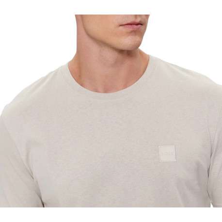 T-shirt en coton beige uni avec une coupe droite et un col rond - Image 3