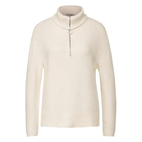 Pull Fancy Troyer écru uni avec un col camionneur et une fermeture zippée