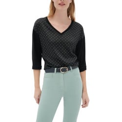Top noir à pois avec une coupe ample un col en V et des manches 3/4
