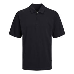 Polo en coton noir uni coupe droite avec un col français et 1/2 zip