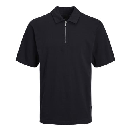 Polo en coton noir uni coupe droite avec un col français et 1/2 zip