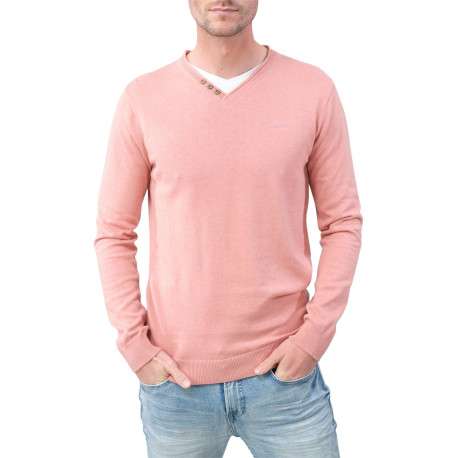 Pull en coton mélangé pêche chiné avec une coupe droite et un col v