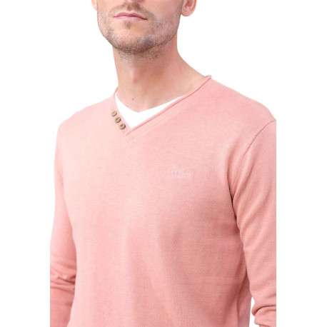 Pull en coton mélangé pêche chiné avec une coupe droite et un col v - Image 3