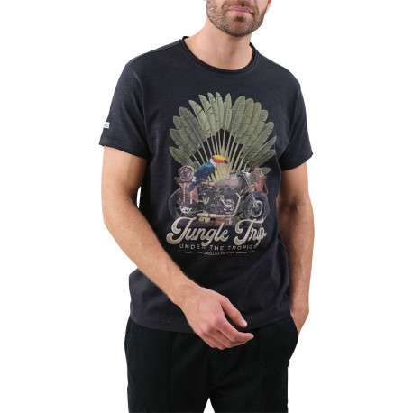T-shirt en coton anthracite imprimé jungle avec une coupe droite et un col rond