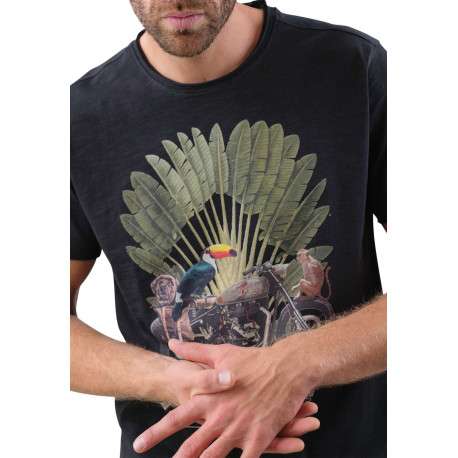 T-shirt en coton anthracite imprimé jungle avec une coupe droite et un col rond - Image 3