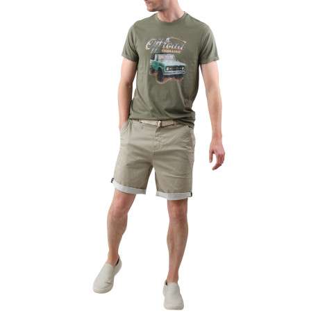 T-shirt en coton kaki imprimé voiture avec une coupe droite et un col rond