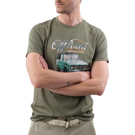 T-shirt en coton kaki imprimé voiture avec une coupe droite et un col rond - Image 2