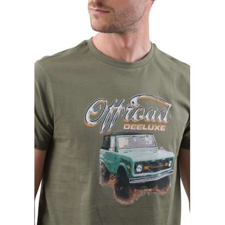 T-shirt en coton kaki imprimé voiture avec une coupe droite et un col rond - Image 3