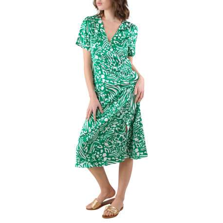 Robe longue verte imprimé abstrait avec coupe évasée fluide et col cache-coeur