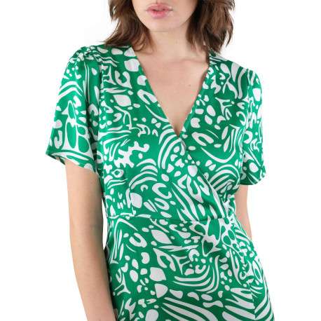 Robe longue verte imprimé abstrait avec coupe évasée fluide et col cache-coeur - Image 4