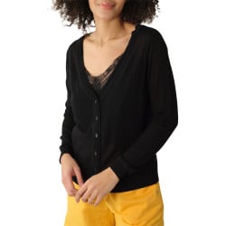 Cardigan boutonné noir uni en dentelle avec une coupe droite et un col v