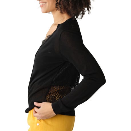 Cardigan boutonné noir uni en dentelle avec une coupe droite et un col v - Image 2