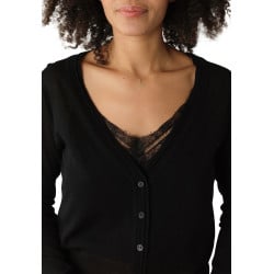 Cardigan boutonné noir uni en dentelle avec une coupe droite et un col v