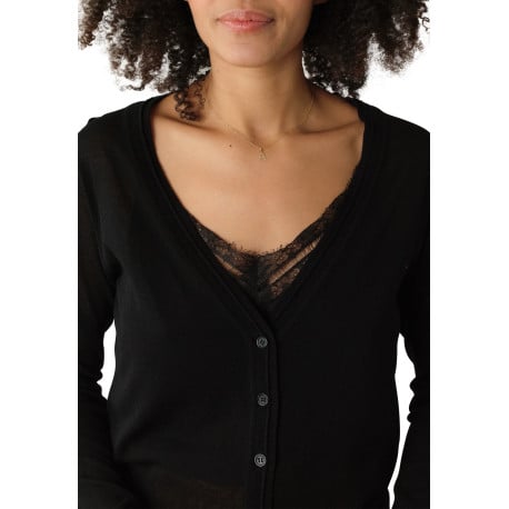 Cardigan boutonné noir uni en dentelle avec une coupe droite et un col v - Image 3