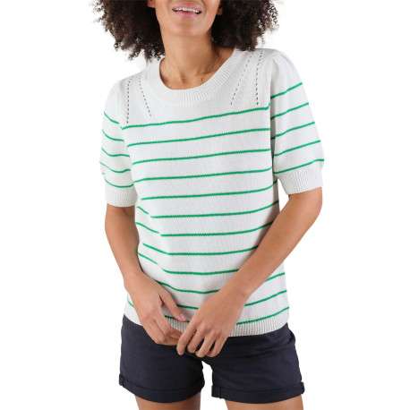 Pull en coton blanc à rayures vertes avec une coupe droite et un col rond