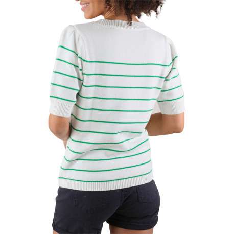 Pull en coton blanc à rayures vertes avec une coupe droite et un col rond - Image 2