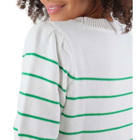 Pull en coton blanc à rayures vertes avec une coupe droite et un col rond - Image 3