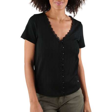 T-shirt noir uni avec détails en dentelle une coupe droite et un col v