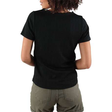 T-shirt noir uni avec détails en dentelle une coupe droite et un col v - Image 2