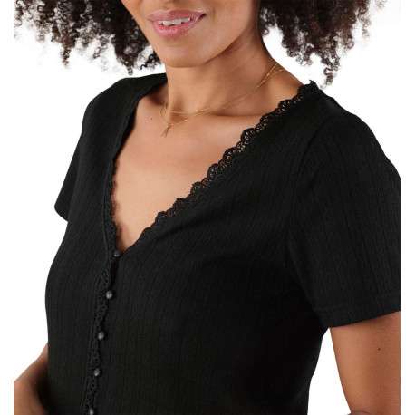T-shirt noir uni avec détails en dentelle une coupe droite et un col v - Image 3