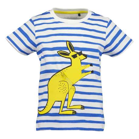 T-shirt en coton blanc avec des rayures bleues et un kangourou jaune à lunettes