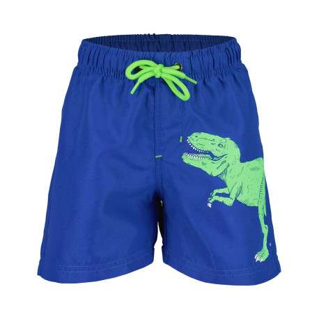 Short de bain bleu électrique uni avec imprimé dinosaure vert sur le côté