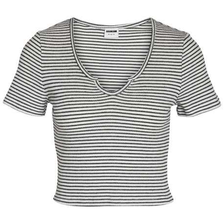 T-shirt blanc rayé avec une coupe moulante un col en V et des manches courtes - Image 2