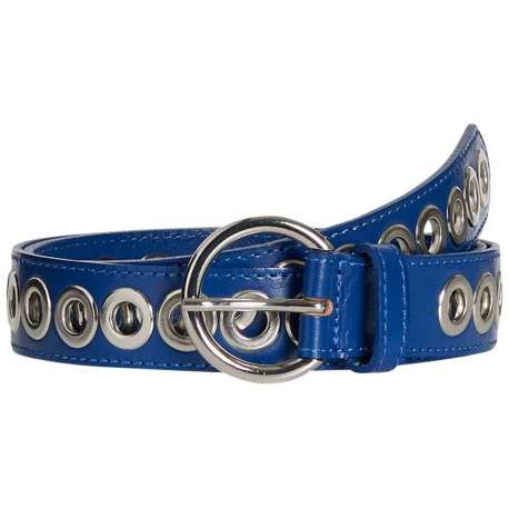 Ceinture en cuir bleue et argentée avec une boucle ronde et des œillets métalliques