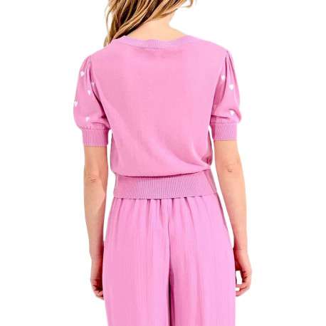 Cardigan rose avec des cœurs imprimés à col v et coupe droite - Image 5