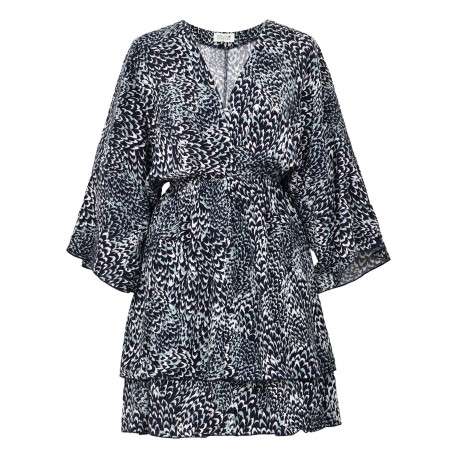 Robe courte bleue imprimée avec une coupe droite fluide et un col v