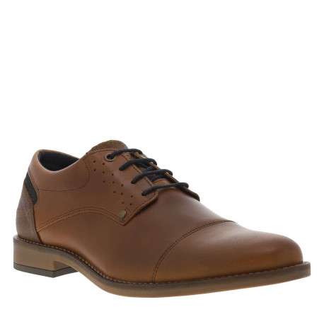 Derbies en cuir cognac et marine à talon plat avec des lacets ronds - Image 3