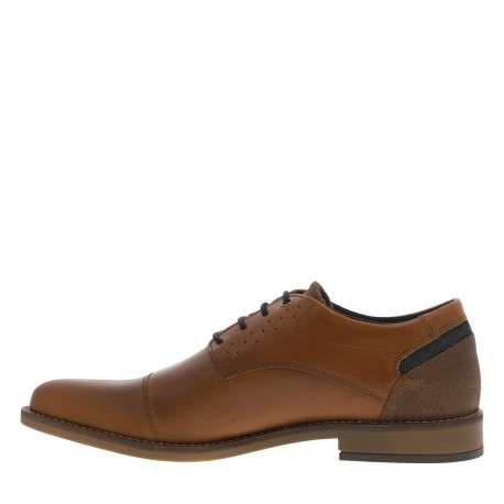 Derbies en cuir cognac et marine à talon plat avec des lacets ronds