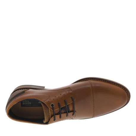 Derbies en cuir cognac et marine à talon plat avec des lacets ronds - Image 4