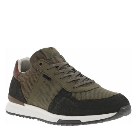 Baskets basses en cuir kaki avec une semelle running et des lacets plats