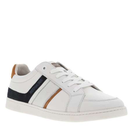 Baskets basses tennis en cuir blanches avec lacets plats et logo sur le côté - Image 3