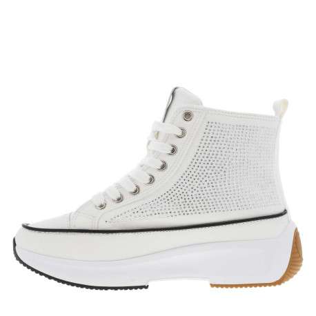 Baskets montantes en toile blanches avec des strass et des lacets plats