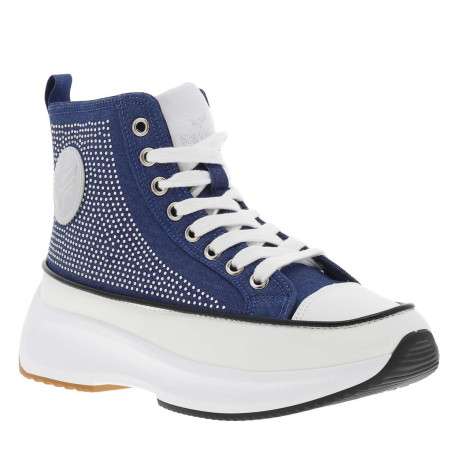 Baskets montantes en toile bleu jean avec des lacets plats et des strass - Image 3