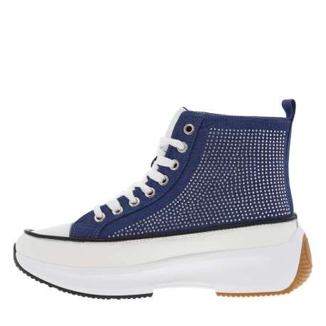 Baskets montantes en toile bleu jean avec des lacets plats et des strass