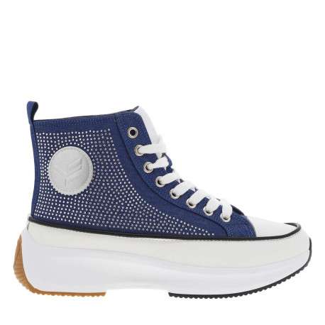 Baskets montantes en toile bleu jean avec des lacets plats et des strass - Image 2