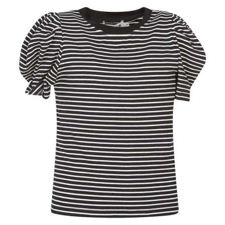 Top noir rayé avec une coupe droite à manches courtes et un col rond