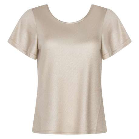 T-shirt beige pailleté à coupe droite col v et à manches courtes