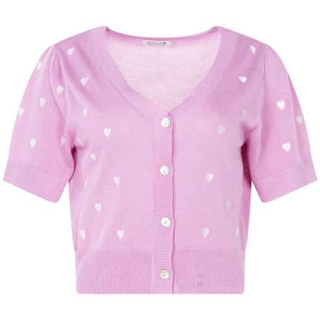 Cardigan rose avec des cœurs imprimés à col v et coupe droite