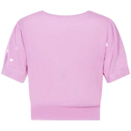 Cardigan rose avec des cœurs imprimés à col v et coupe droite - Image 2