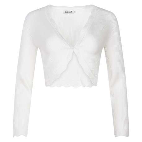 Cardigan blanc en maille côtelé à coupe cropped et à manches longues